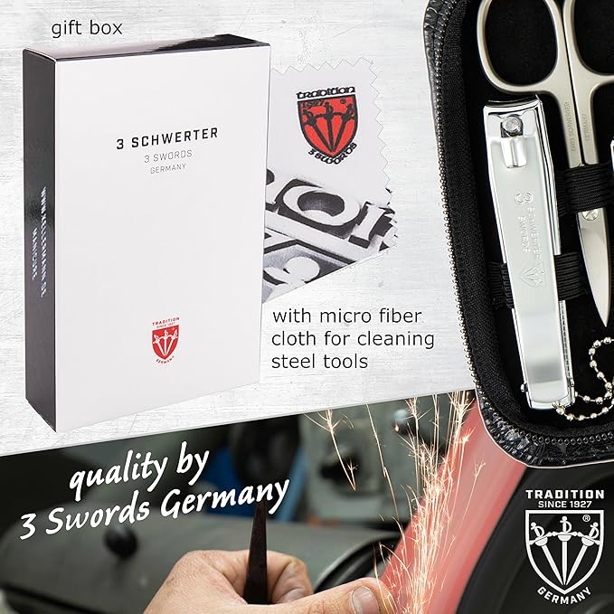 3 Swords Germany – brand quality 8 piece manicure pedicure grooming kit set for professional nail care with synthetic leather case black - Made in Germany