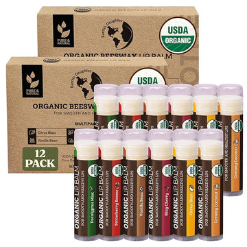Earth's Daughter USDA Organic Lip Balm 12-Pack (2x 6-Packs) - Fruit Flavors, Beeswax, Coconut Oil, Vitamin E - Best Lip Repair Chapstick for Dry Cracked Lips - Moisturizing Lip Care