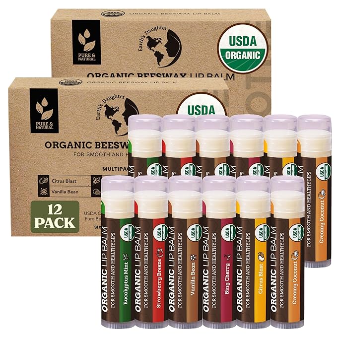 Earth's Daughter USDA Organic Lip Balm 12-Pack (2x 6-Packs) - Fruit Flavors, Beeswax, Coconut Oil, Vitamin E - Best Lip Repair Chapstick for Dry Cracked Lips - Moisturizing Lip Care