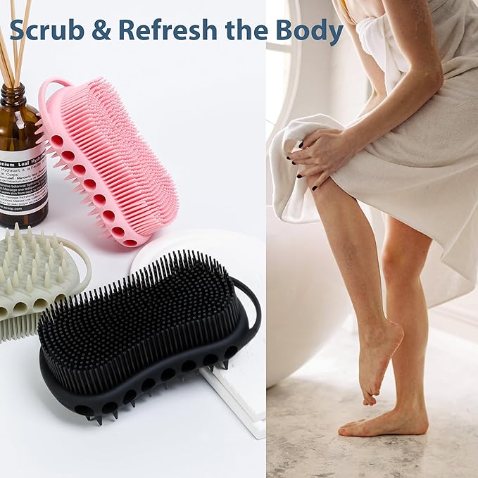 MtBoi 2PC Double-Sided Exfoliating Silicone Body Scrubber, 2-in-1 Bath Scrubber, Shampoo Brush, Silicone Loofah for All Skin Types, Shower Body Scrubber, Easy to Clean, Lather Well (Black&Gray)