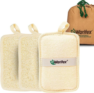 Waritex Egyptian Loofah Rectangular Body Scrubbers with Hand Strap, Exfoliating Bath Pads Made from Natural Egyptian Loofah Fibers, Gentle Deep Cleansing for Men and Women in Shower 3 Count (1 Pack)
