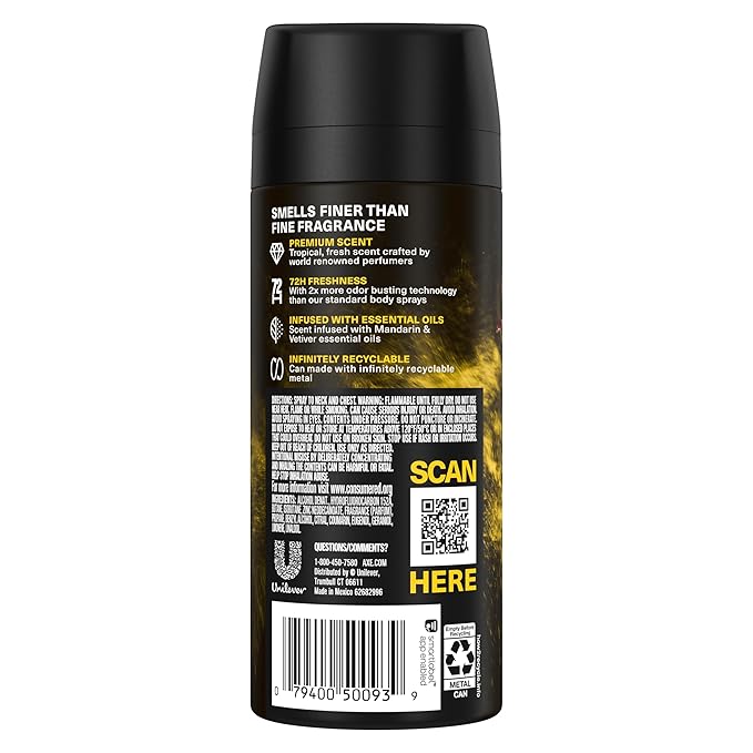 AXE Fine Fragrance Collection Premium Deodorant Body Spray for Men Golden Mango 3 Count With 72H Odor Protection and Freshness Infused with Mango, Mandarin, and Vetiver Essential Oils 4 oz