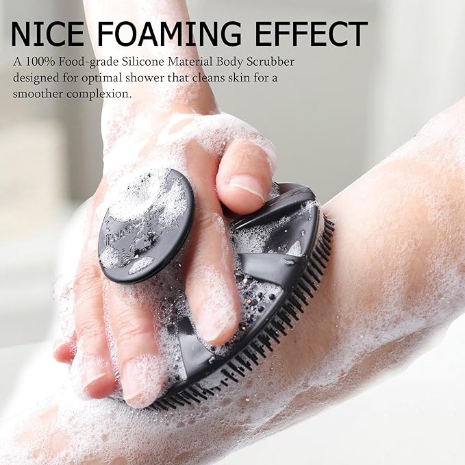 INNERNEED Food-Grade Soft Silicone Body Scrubber Shower Brush Handheld Cleansing Skin Brush, Gentle Exfoliating and Lather Well (Black)