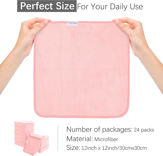 Cosy Family 24 Pack Soft Washcloths Set - 12 x 12 inches, Quick Drying - Highly Absorbent Coral Velvet Fingertip Towel Bathroom Wash Clothes for Bath, Spa, Facial, Kitchen - Pink