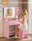 Makeup Vanity Desk Set, 35.4" Wx15.7”Dx53.9“H, Pink (Smart LED Mirror, with Cushion Stool, Hairdryer Rack, Power-Outlet, 4 Drawers, Open Shelves)