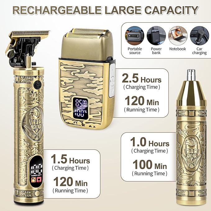 Electric Foil Shaver for Men, T-Blade Beard Trimmer Razor Nose Hair Trimmer Set, Cordless Rechargeable Beard Trimmers Professional Hair Clippers Kit with LCD, Gifts for Men Him Dad Fathers Day