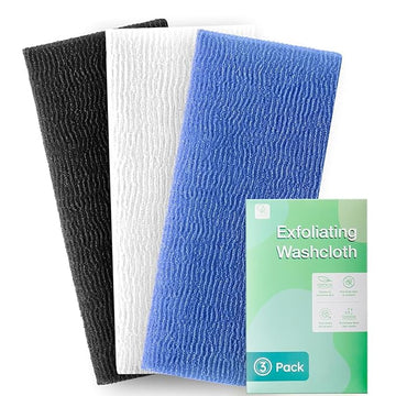 3 Pieces Exfoliating Washcloth Shower Towel African Net Sponge Japanese Wash Cloth Face Exfoliating Sponge Loofah Exfoliating Body Scrubber for Body Exfoliation(Black White Blue)