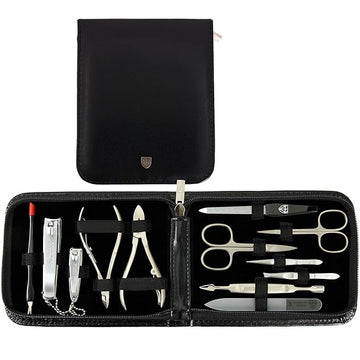3 Swords Germany - brand quality 12 piece manicure pedicure grooming kit set for professional finger & toe nail care with black synthetic leather case - Made in Germany