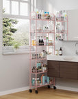 6 Tier Slim Rolling Storage Cart with Wheels, Metal Mobile Shelving Unit Organizer Utility Cart for Office Bathroom Kitchen Laundry Room Narrow Places (Pink 6 Inches)