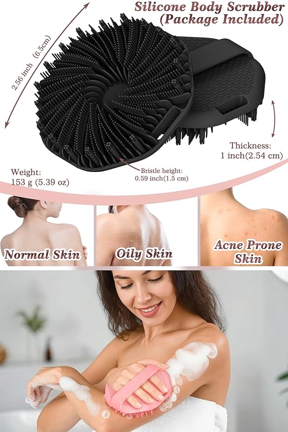 ManmiHealth 2 PCS Silicone Body Scrubber Shower Brush, Upgrade Super-Exfoliating Shower Scrubber with Non-Slip Hand Strap, Silicone Body Buffer for Use in Shower (Black+Pink)