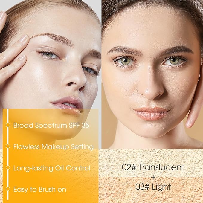 2PCS Mineral Powder Sunscreen Setting Makeup - SPF 35 Brush On Sunscreen for Face & Scalp & Hair, Natural Matte Loose Finishing Powder, Oil Control Lightweight Breathable (#02 Translucent + #03 Light)