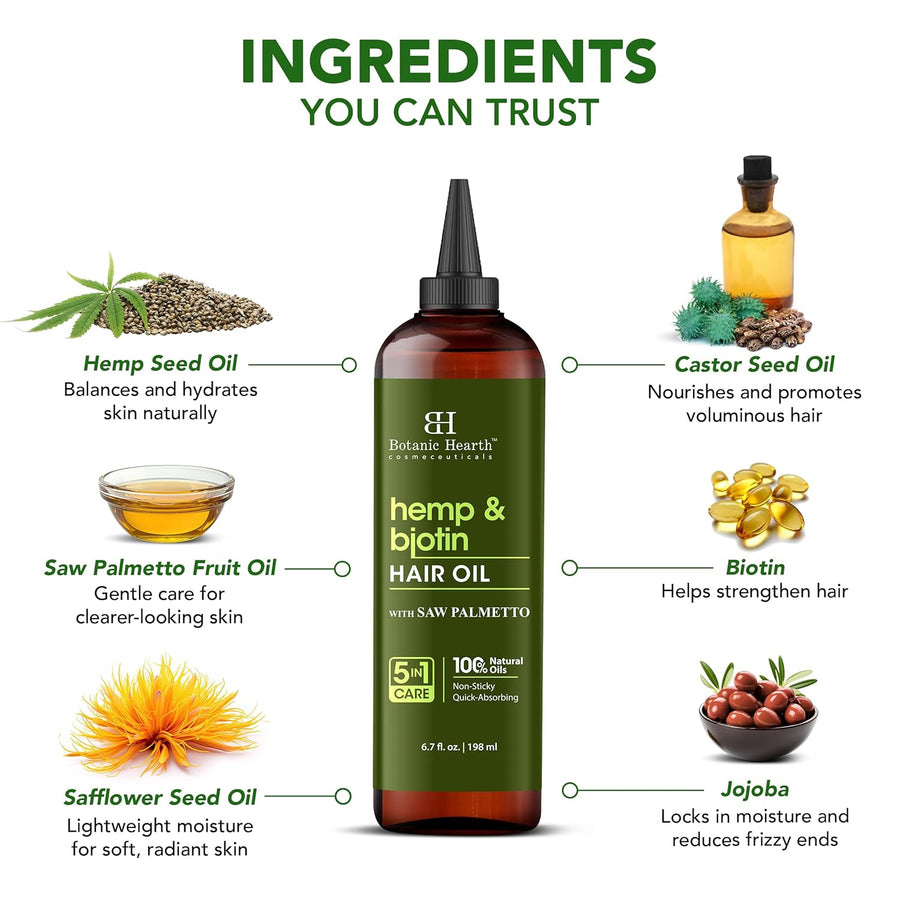 Botanic Hearth Hemp & Biotin Hair Oil (6.7 Fl Oz) | Nourishing And Strengthening Hair Treatment For Thicker, Healthier|Looking Hair | Paraben Free | Suitable For All Hair Types