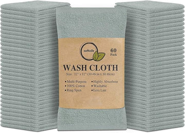 Softolle 100% Cotton Washcloths 60 Pack (12x12 Inches) Soft, Highly Absorbent Washcloth, Face Towels, Wash Cloths for Face, Ring Spun, Bulk Pack (Silver Grey)