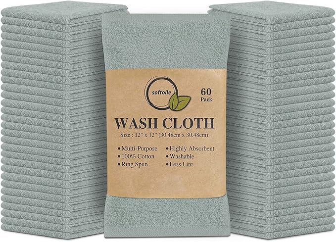 Softolle 100% Cotton Washcloths 60 Pack (12x12 Inches) Soft, Highly Absorbent Washcloth, Face Towels, Wash Cloths for Face, Ring Spun, Bulk Pack (Silver Grey)