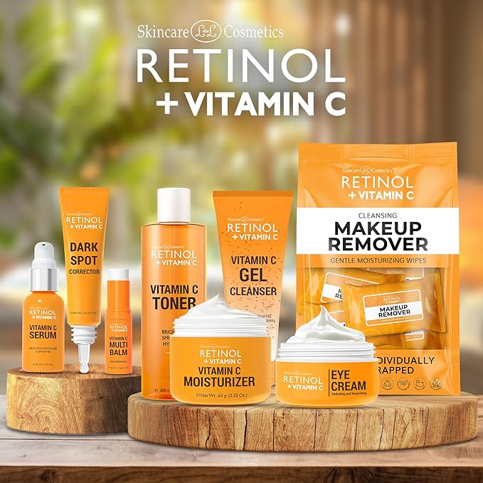 Retinol + Vitamin C Individually Wrapped Makeup Remover Wipes, travel essentials for Travel & On the Go, women facial cleansing towelettes, removes makeup mascara & sunscreen - 30 single face wipes