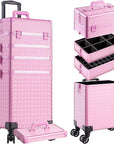 AROUS 5 in 1 Rolling Makeup Train Case Cosmetology Case on Wheels Large Cosmetic Organizer Travel Cart for Hairstylist Artist Nail Beauty Salon Barber,All Pink