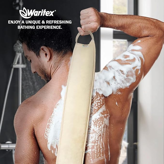 Waritex Natural Egyptian Loofah Back Scrubber for Shower, Extra-Long Exfoliating Strap Made with Natural Egyptian Loofah Fibers, Deep Cleaning Body Sponge for Men and Women – Soft Cotton Handles