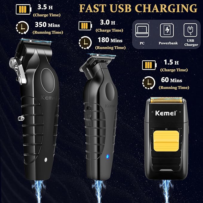 KEMEI Professional Hair Clipper and Trimmers Set, Cordless Barber Clippers, Beard Trimmer, Electric Foil Shaver with Replacement Heads, KM-2299, KM-2296, KM-1102