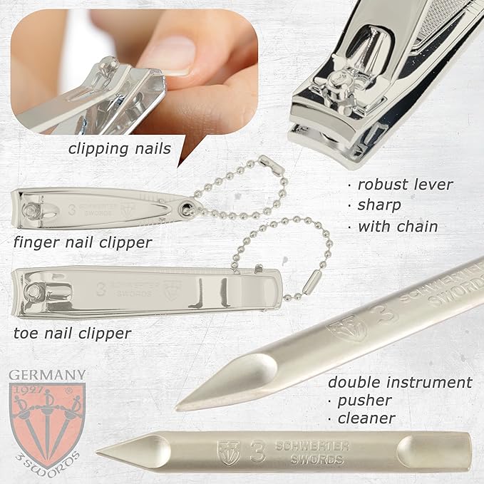 3 Swords Germany – brand quality 8 piece manicure pedicure grooming kit set for professional nail care with synthetic leather case ostrich cognac - Made in Germany
