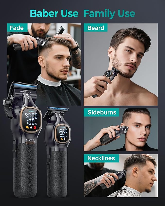 Professional Hair Clippers for Men, Professional Barber Clippers and Trimmer Set, Cordless Hair Clippers for Hair Cutting with Package Case, Powerful 9000 PRM Rechargable Electric Clippers
