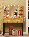 YESHOMY Vanity Desk with Mirror, Makeup Table with 2 Large Drawers, Power Outlet and Round Holder, 3 Color Modes Adjustable Bulb, Brown