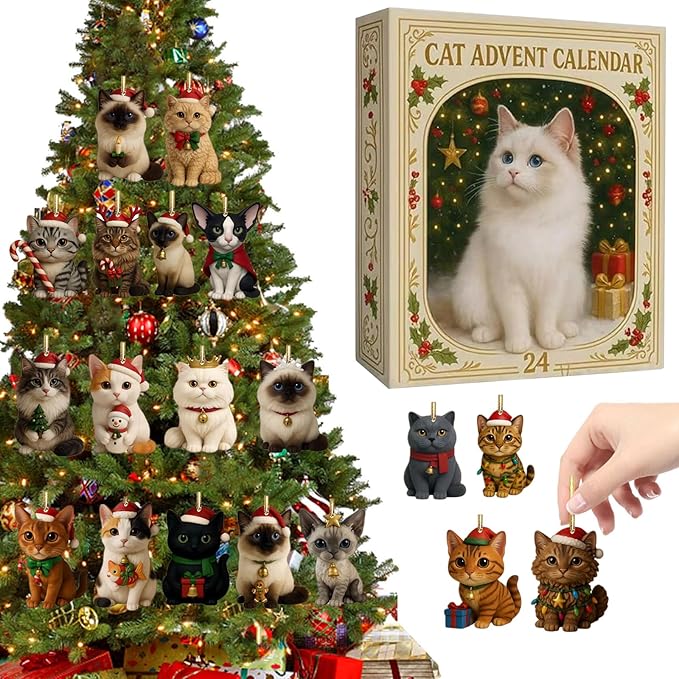 Cat Lovers Advent Calendar 2025-24 Days Christmas Countdown with Unique Cat Illustration Cards, Pop-Up Mechanism for Family Fun, Holiday Home Wall Decor