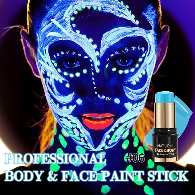 UV Neon Blue Face Body Paint Stick, Colored Professional Full-Coverage Oil-Based Eye Black Stick for Halloween Cosplay Christmas, Face Painting Foundation Makeup Glow in the Dark Party Supplies-06