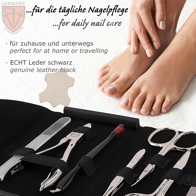 3 Swords Germany - brand quality 7 piece manicure pedicure kit set - nail care tools by 3 Swords - black genuine leather