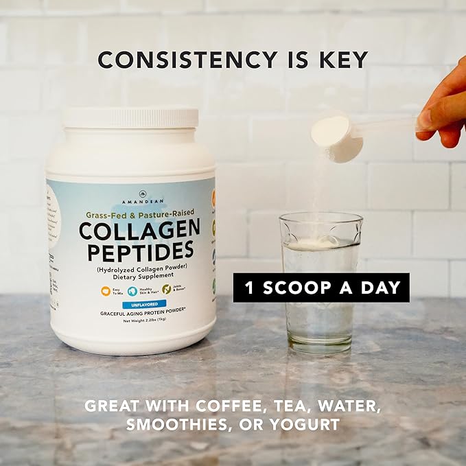 AMANDEAN Collagen Peptides Powder 1kg. Grass-Fed, Enzymatically Hydrolyzed, Type 1 & 3. Agglomerated, Easy to Mix, Unflavored, Non-GMO. Protein with 18 Amino Acids for Healthy Skin, Hair, Nails.