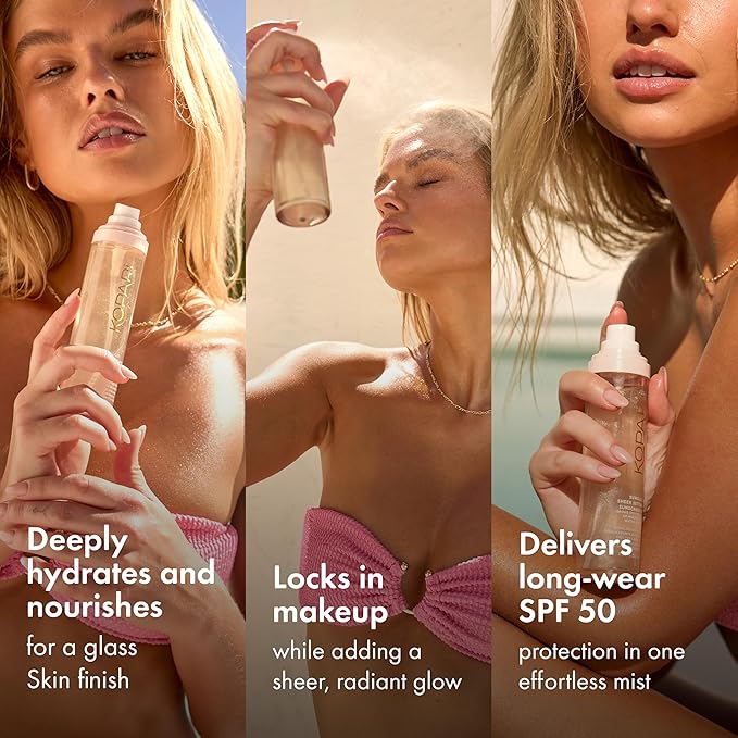 Kopari Sunglaze Sheer Setting Mist Sunscreen SPF 50, Weightless, Fast Drying, Ultra-Fine Setting Spray, Made With Hyaluronic Acid, Sets Makeup For A Hydrated, Dewy Finish, 2.53 fl oz