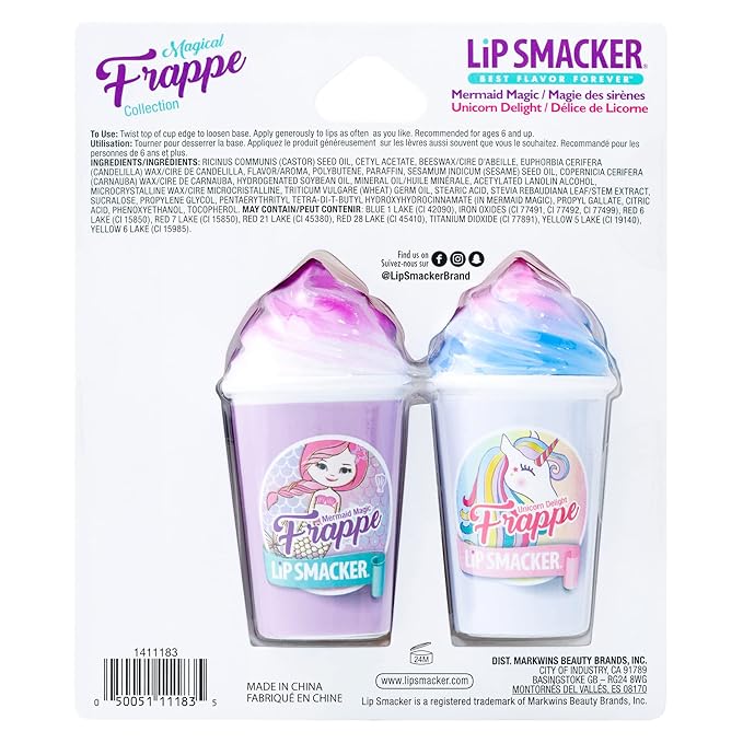 Lip Smacker Magical Frappe Collection 3 Pack Beverage Lip Balm - Moisturizing, Soothing Unicorn & Mermaid Delight/Magic
