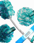 SHOWER BOUQUET 2-Sided-Loofah-Back-Scrubber & Bath-Sponge Set // 1-Long-Handle-Back-Brush Plus 2-Extra-Large 75g Soft Mesh Poufs, Men & Women - Exfoliate with Full Pure Cleanse in Bathing Accessories