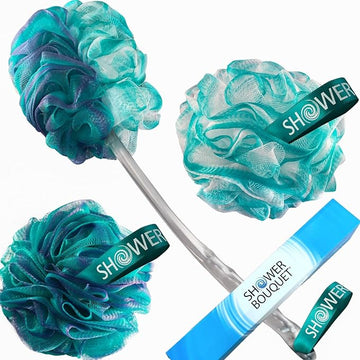 SHOWER BOUQUET 2-Sided-Loofah-Back-Scrubber & Bath-Sponge Set // 1-Long-Handle-Back-Brush Plus 2-Extra-Large 75g Soft Mesh Poufs, Men & Women - Exfoliate with Full Pure Cleanse in Bathing Accessories