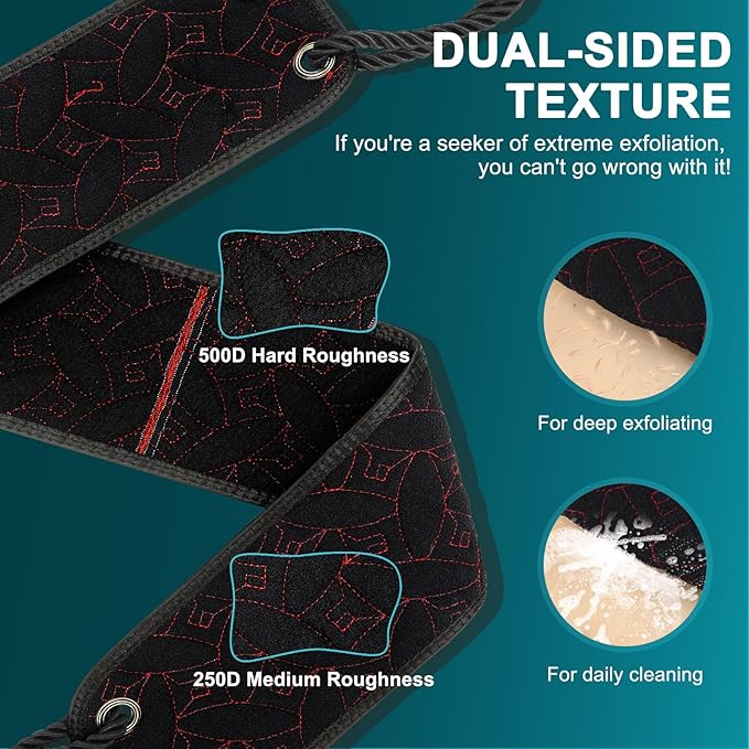 Exfoliating Back Scrubber for Use in Shower, 38.5 Inch Back Washer with Handles, Dual-Sided Body Exfoliator for Daily & Deep Skin Cleaning, Bath Back Scrub Washcloth for Men & Women (Black)