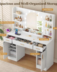 Vanity Desk with Mirror and 11 LED Lights, 43'' Makeup Vanity Table with Power Outlet & Chair, Dressing Table with 3 Drawers, 2 Cabinets and 6 Open Shelfs for Bedroom, White
