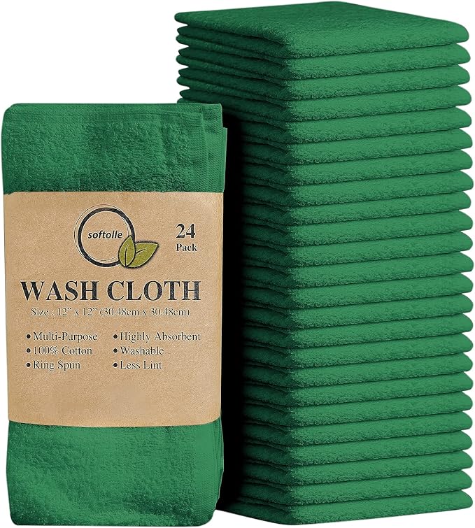 Softolle 100% Cotton Washcloths 24 Pack (12x12 Inches) Soft, Highly Absorbent Washcloth, Face Towels, Wash Cloths for Face, Ring Spun, Bulk Pack (Dark Green)