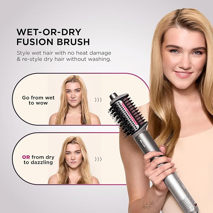 Shark FlexFusion Hair Dryer with Fusion Hair Brush, Ceramic Air Styler with Auto-Wrap Hair Curlers & Concentrator, Ceramic Plates, Metallic Mist HD641