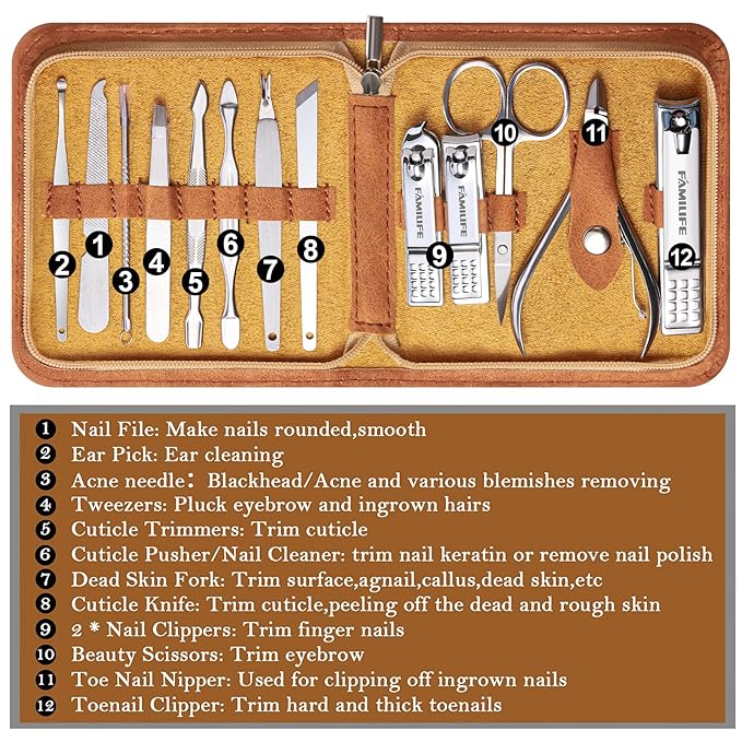 FAMILIFE Manicure Set, Nail Professional Kit Manicure Kits Nail Clipper Sets, 13PCS Stainless Steel Pedicure Sets Mens Grooming Tool, with Brown Leather Travel Case for Men