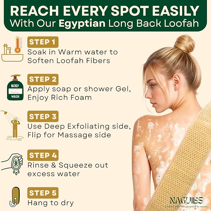 Premium 2 in 1 Egyptian 100% Natural loofah with Handle Back Scrubber for Shower and Massage exfoliating Body Scrubber for Women and Men Back Scratcher washers for Shower loofa Clean Your Back Deeply