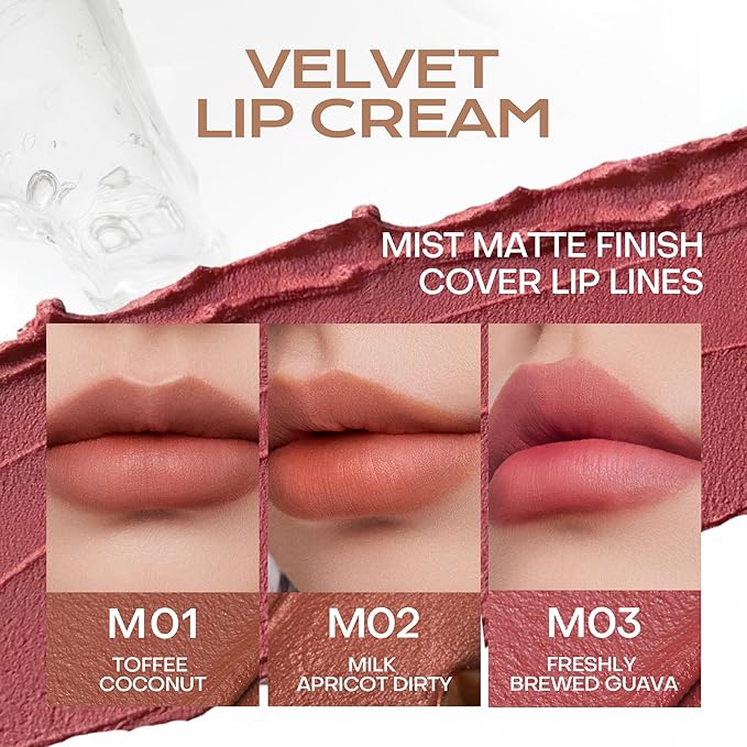 Mistine Cream Lip Gloss Thai latte Long Lasting Lip Gloss Non-sticky Silk Smooth Mist Matte Finish Lip Tint Gloss M03 Freshly Brewed Guava 0.1 fl oz 1 Count
