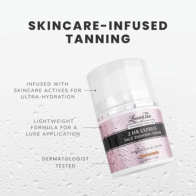 Loving Tan NEW 2 Hr Express Face Tanning Serum, Medium - Hydrating, Natural-Looking Glow Sunless Self Tanner, Dermatologist Tested, Lightweight, Naturally Derived DHA, Vegan & Cruelty-Free - 1 fl oz