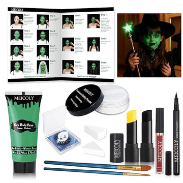 MEICOLY Complete Green Witch Makeup Kit,Wicked Costume Halloween SFX Frankenstein Makeup Set,Elphaba Green Face Paint for Character Cosplay Stage Performance Theater,Setting Powder,Yellow Face Paint