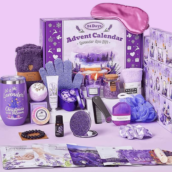 Advent Calendar 2025 Adult Women -24 Days of Christmas Advent Calendar for Mom, Wife, Girlfriend, Sister, Her - Lavender Spa Gifts Basket Set Includes Coffee Mugs, Scented Candle, Bath Salt, Soap