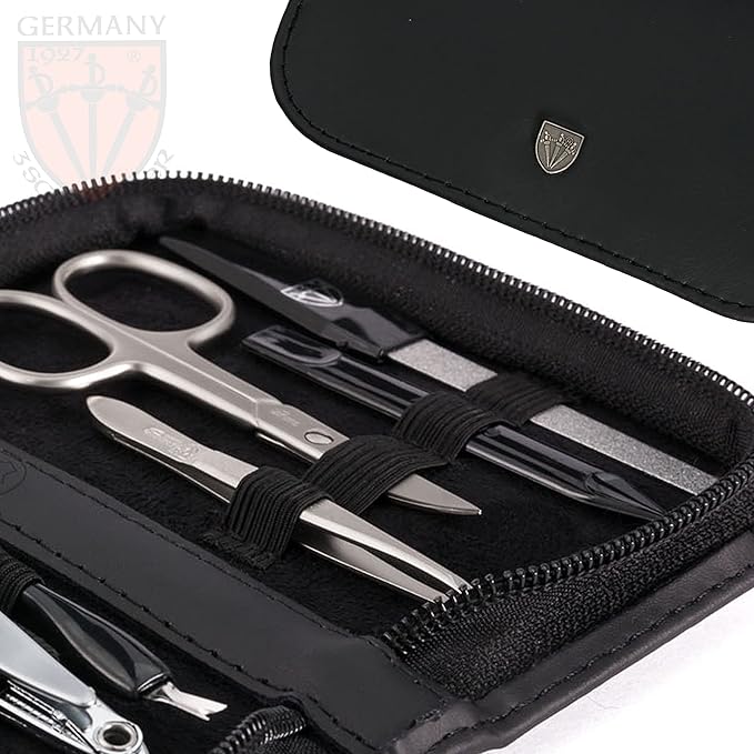 3 Swords Germany – brand quality 8 piece manicure pedicure grooming kit set for professional nail care with genuine leather case black - Made in Germany