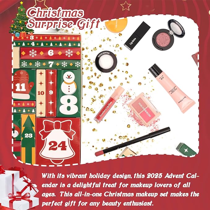 Makeup Advent Calendar 2025, Christmas Countdown Calendar Surprise Beauty Gift Set, 24 Pce Individually Boxed Makeup Gift for Teens,Girls Xmas and Women