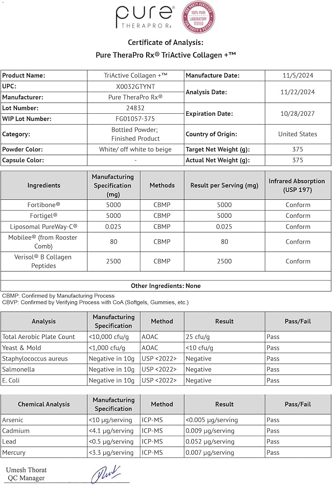 Pure Therapro Rx TriActive Collagen Plus, Collagen Powder for Hair, Skin, Nails, Bones & Joints, Hydrolyzed Collagen Powder w/Patented Peptides, Unflavored Multi Collagen Protein Powder, 30 Servings