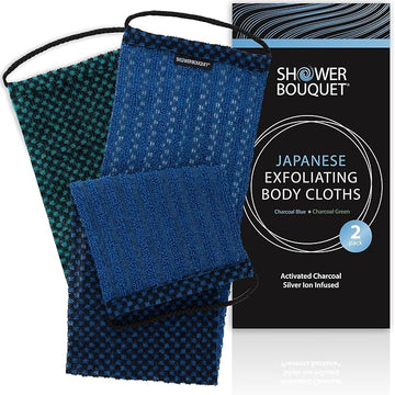Japanese Exfoliating Washcloth for Back & Body 2-Pack - Charcoal & Silver Ion Exfoliating Towel with Handles - Two-Sided Gentle Exfoliation & Deep Cleanse Body Wash Cloths for Shower - 1 Blue, 1 Green