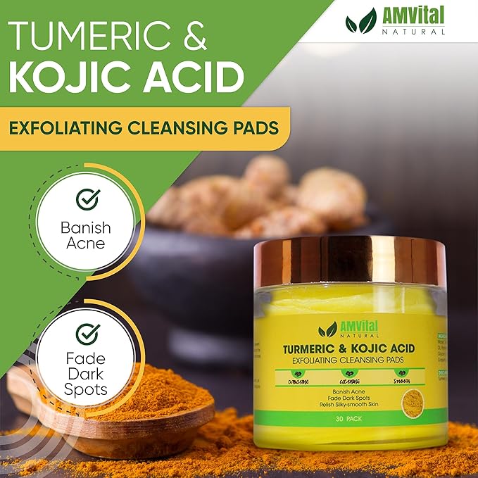 AMVital Turmeric Kojic Acid Cleansing Pads - Gently Exfoliates, Brightens & Evens Skin Tone - Hydrating Turmeric Exfoliating Cleansing Pads for Face - Nourishing Kojic Acid Cleanser