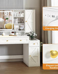 Pamapic Glass Top Sliding Mirror Vanity Desk with Lights, Makeup Vanity with Jewelry Storage, 3 Drawers, 12 Compartments, Golden Handles, 3 Color Dressing Table with Charging Station, Bedroom, White