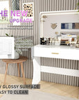 Vanity Desk, Makeup Vanity with LED Light Mirror, Small White Vanity with a Super Large Drawer and Power Outlet, 3 Color Lighting Modes Makeup Table for Bedroom, Dressing Room